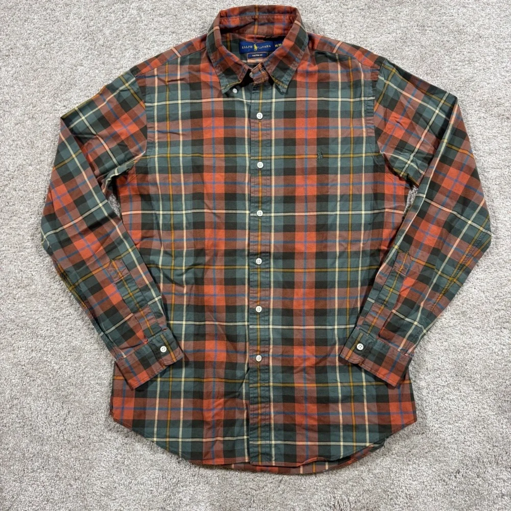 Polo Ralph Lauren Mens Custom Fit Plaid Button Down Shirt Orange Green Medium